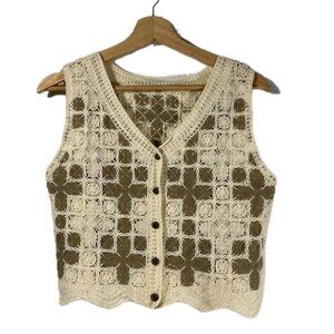 Women's Handkitted Crochet Patterned Vest Cream Brown Size M Retro Grandmacore